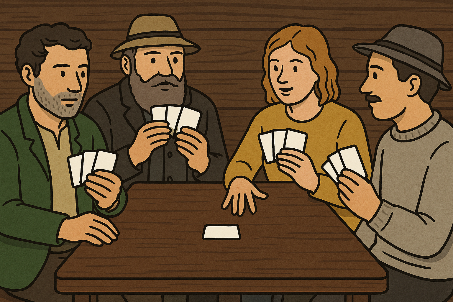 Watten.online Spielszene – Spieler am Stammtisch beim traditionellen Watten mit Karten und guter Stimmung