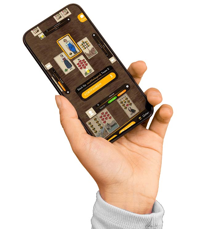 Person hält ein Smartphone in der Hand mit geöffneter watten.online App – das traditionelle Südtiroler Kartenspiel digital gespielt.