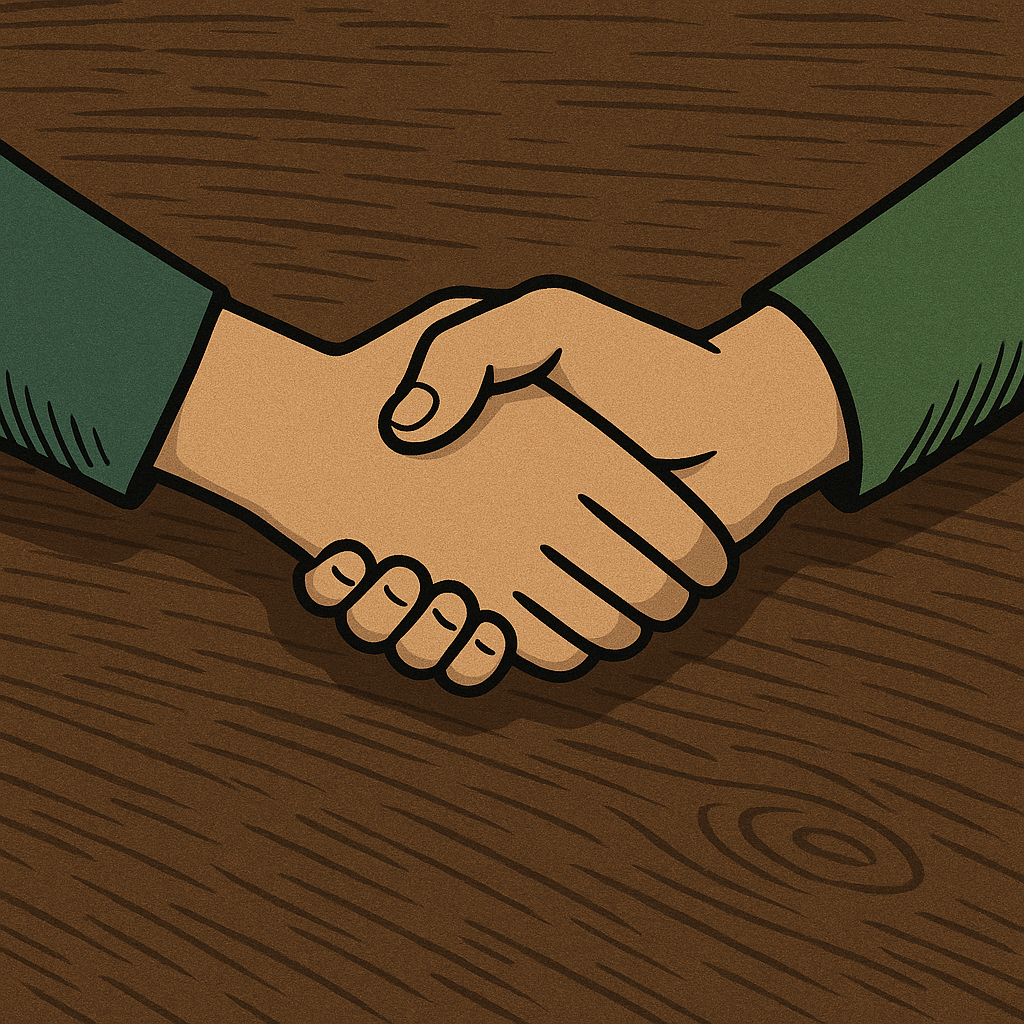 Watten.online Kontakt Motiv – Händeschütteln auf Holztisch als Symbol für Gemeinschaft und Fair Play beim Watten