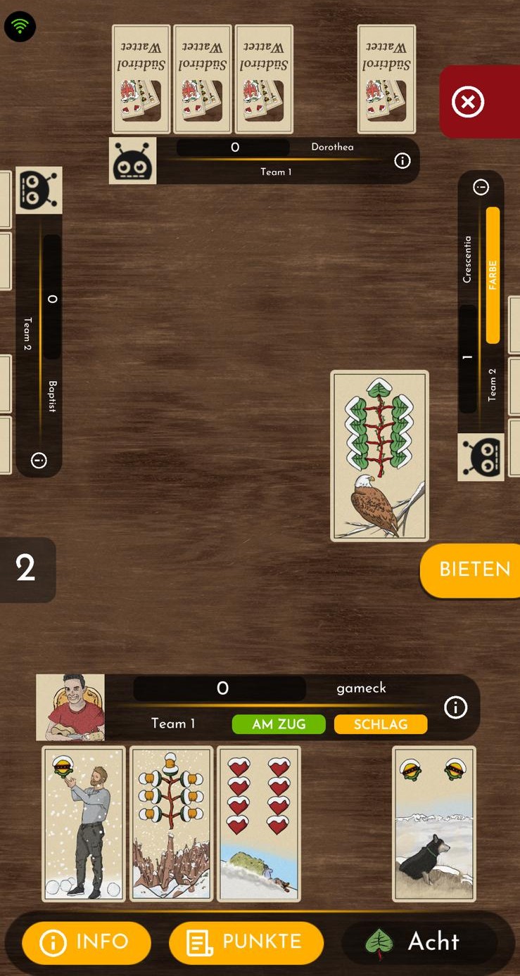 Watten online spielen – Spielansicht mit klassischen Wattkarten aus Südtirol