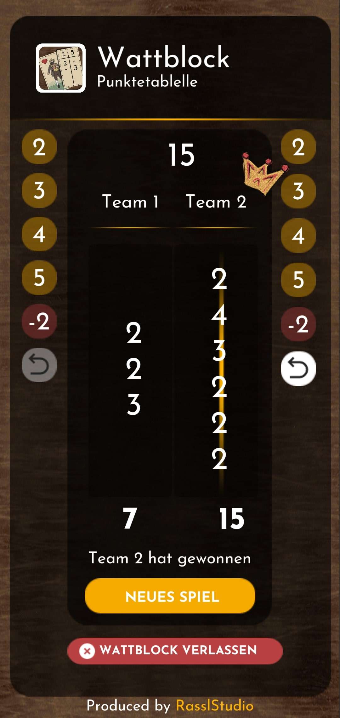 Wattblock App Screenshot (2) / Vorschau - Digitaler Notizblock für das Kartenspiel Watten