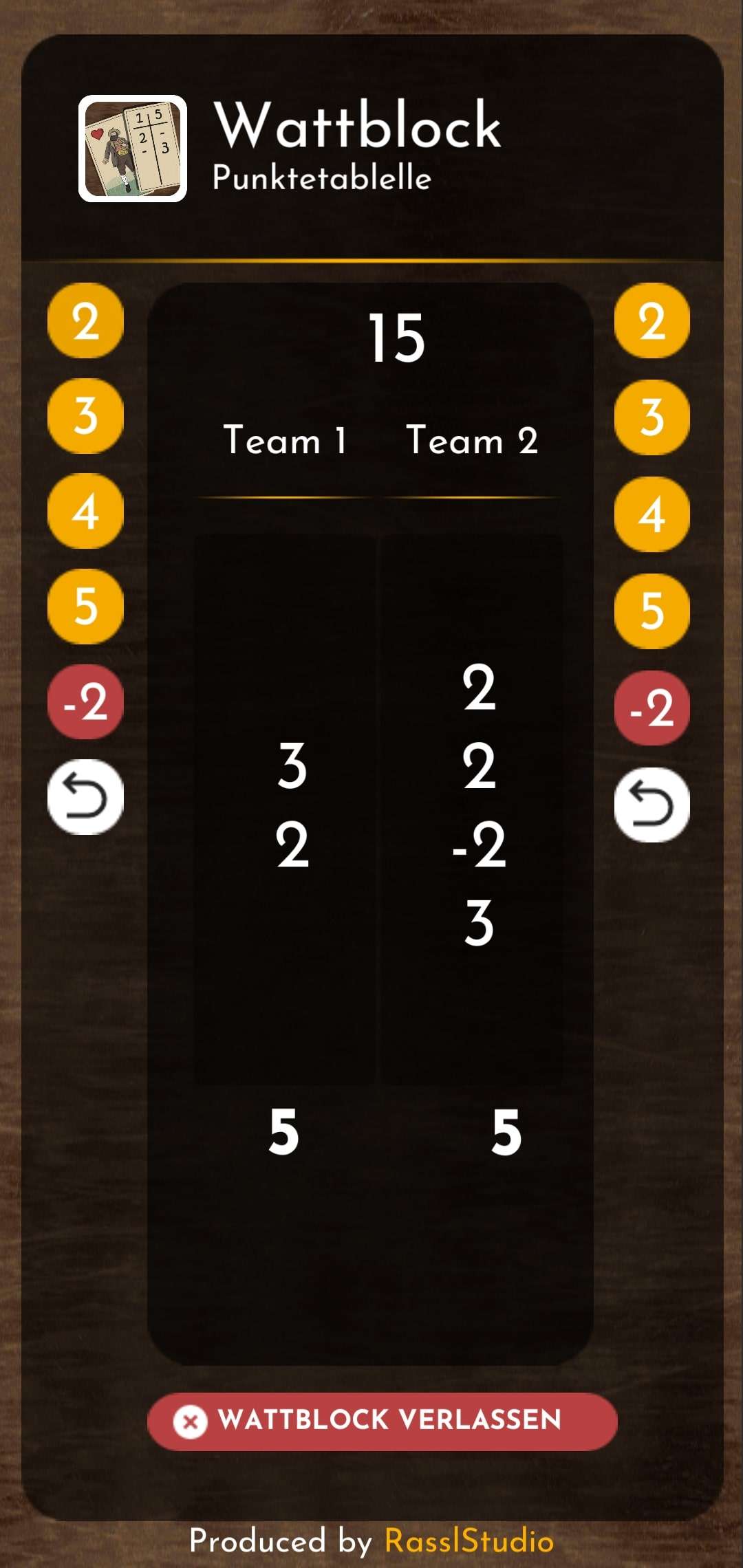 Wattblock App Screenshot (1) / Vorschau - Digitaler Notizblock für das Kartenspiel Watten